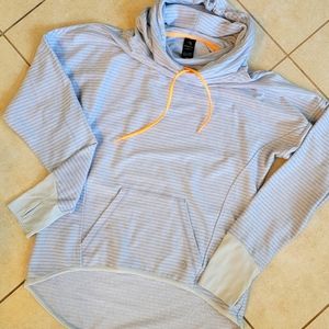 MPG cowl neck high low sweatshirt with kangaroo pocket and thumbholes